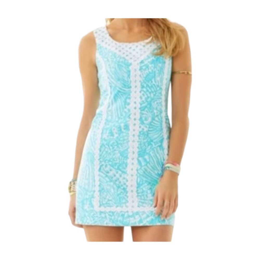 NWT Lilly Pulitzer MacFarlane Shorely Blue Sea Cups Lace Detail Shift Dress. sz6